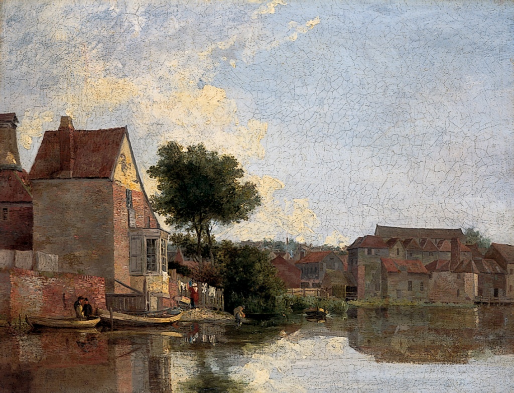 A painting depicting an early 19th century scene of Norwich, at the back of the New Mills. Tenement buildings spring up on the banks of the river, and in the foreground a pair of men stand in a shallow dinghy close to shore.