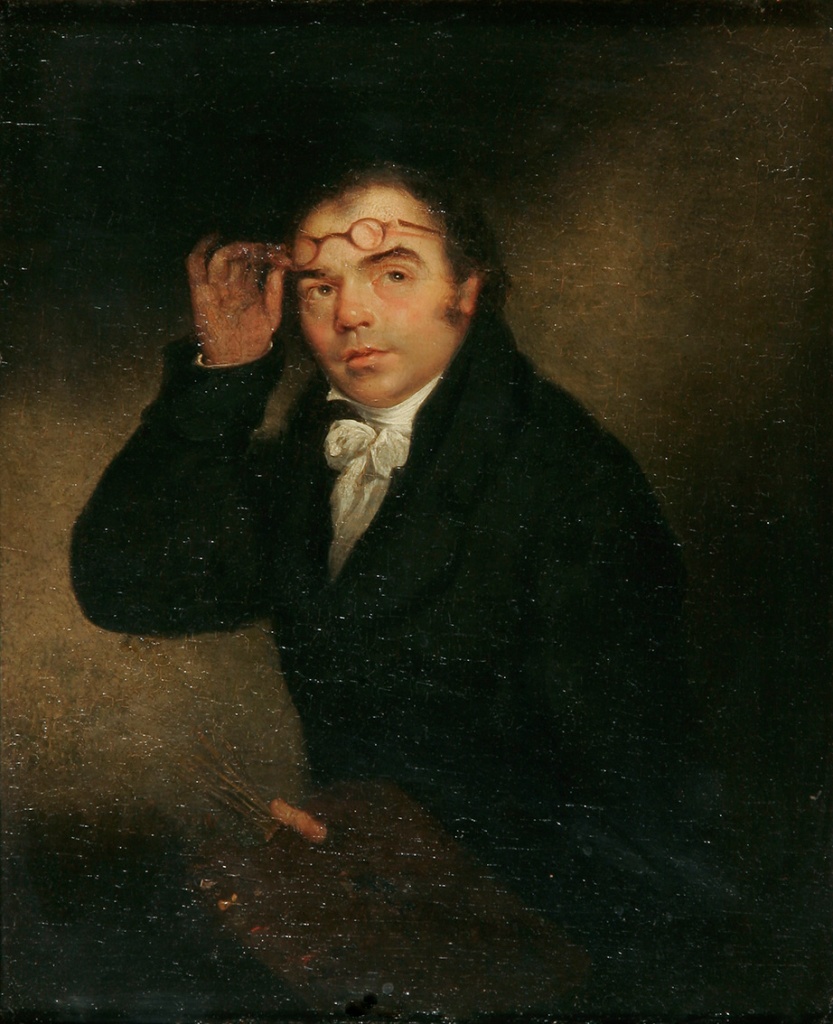 A painting of John Crome: a man wearing a thick black coat and linen necktie. He raises his round spectacles above his eyes as he gazes ponderingly into the distance.