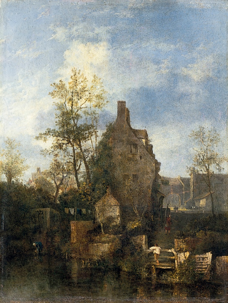 A painting of 19th century Norwich, depicting a multiple-storey building with a tall chimney built on the banks of the river. In the background is an arched gateway.