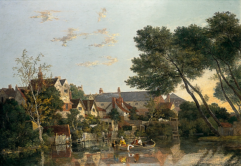 A painting of 19th century Norwich, depicting houses built on the banks of the river, with a dinghy holding four people in the foreground.
